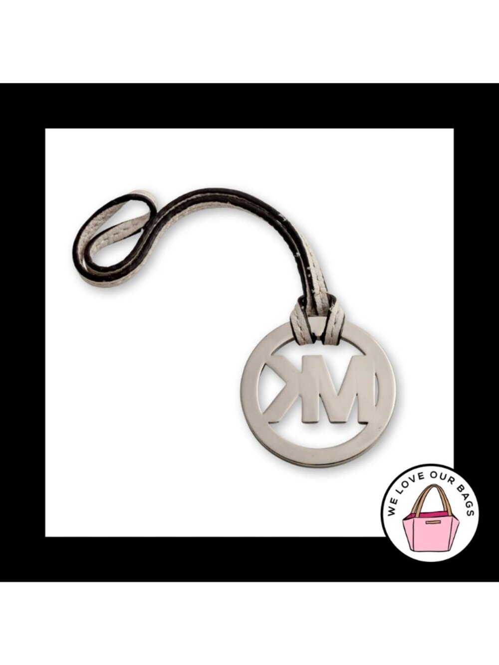MICHAEL KORS Silver Metal White Leather Strap Bag Charm Hang Tag Keychain Fob - Picture 4 of 4